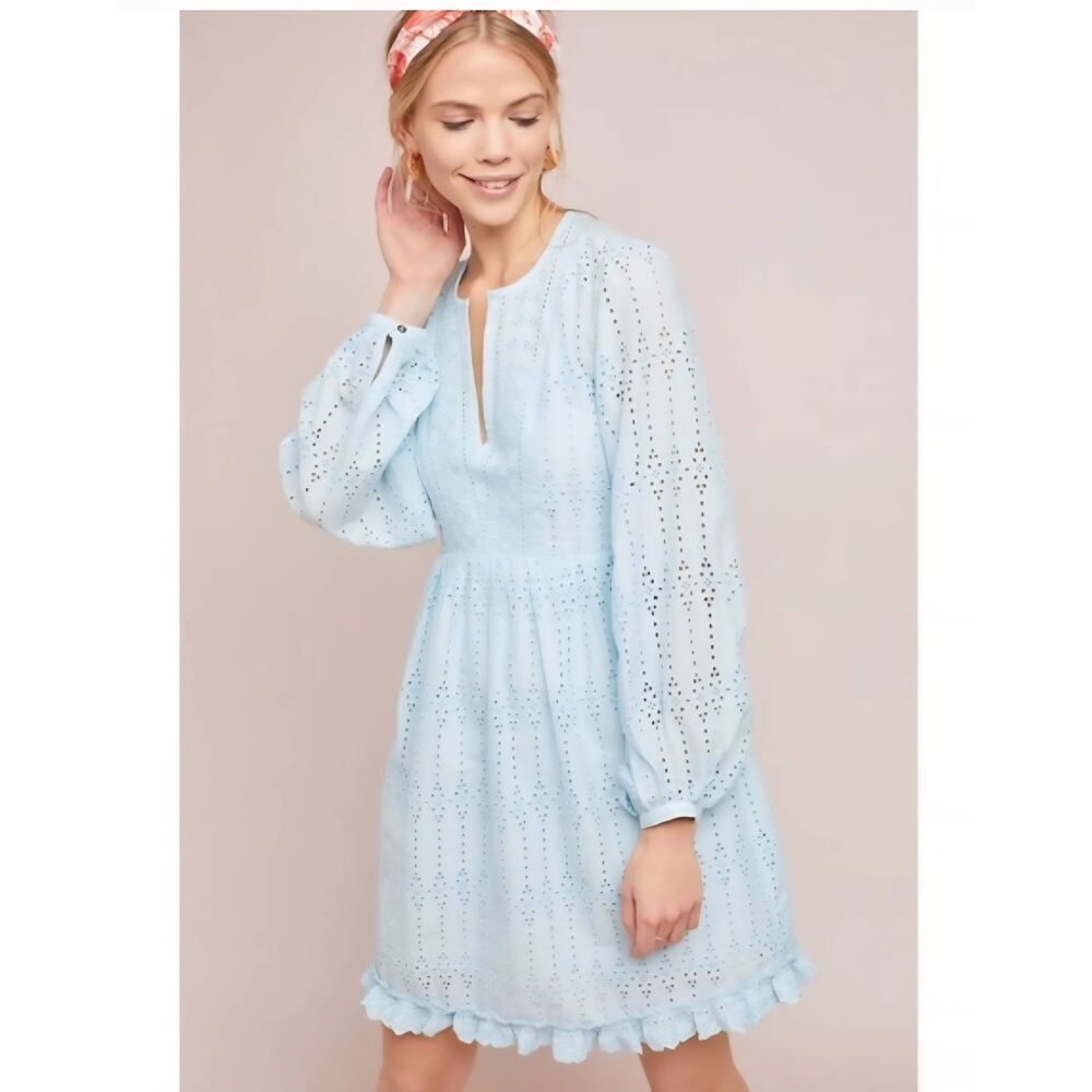 Anthropologie Eyelet Long Sleeve Babydoll Dress‎ Size 2